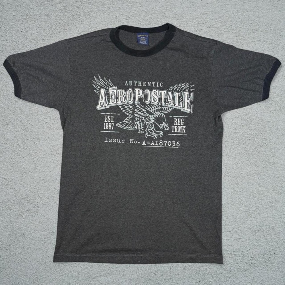 Aeropostale Mens Y2K Gray Ringer T-Shirt Eagle Graphic Skater Tee Size M